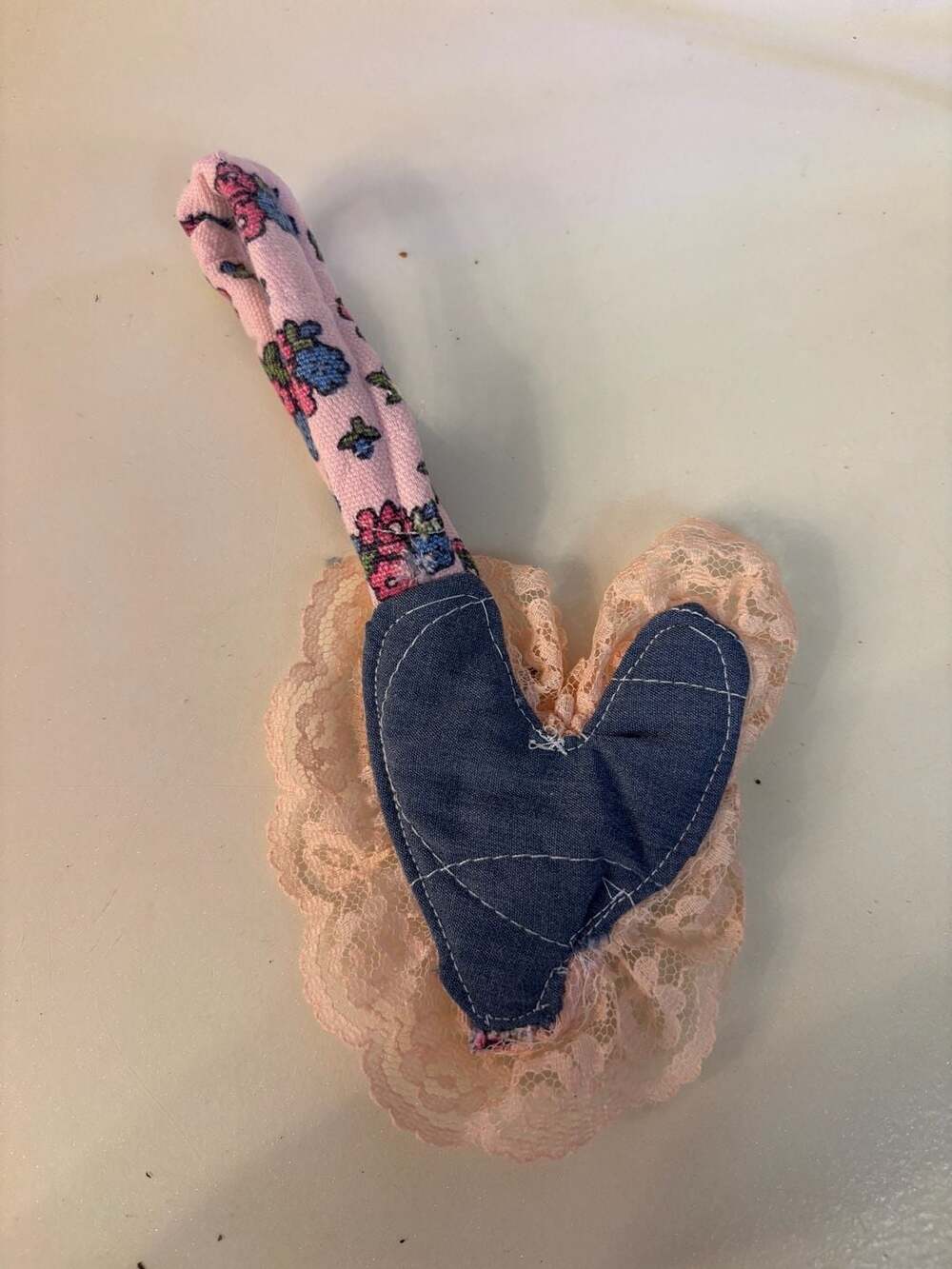 Handmade Floral Fabric Heart bag charm Ornament with Lace Trim - Picture 2 of 3